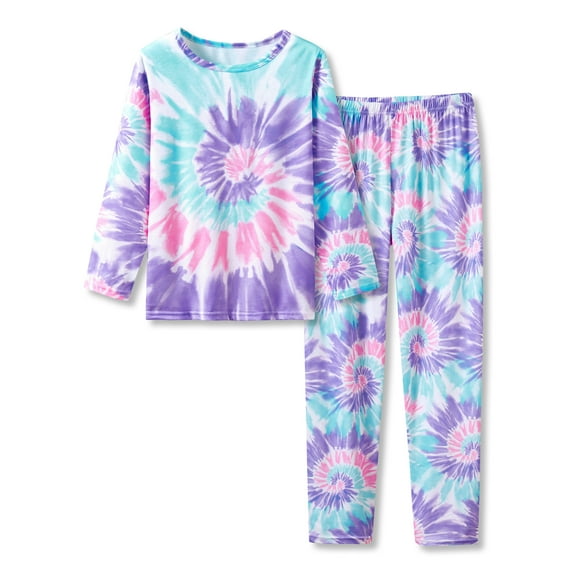 Little & Big Girls Tie Dye Pink Purple Blue Swirl Pajamas Long Sleeves & Pants 2-Piece Clothes Set Cute Pink Pjs Size 10