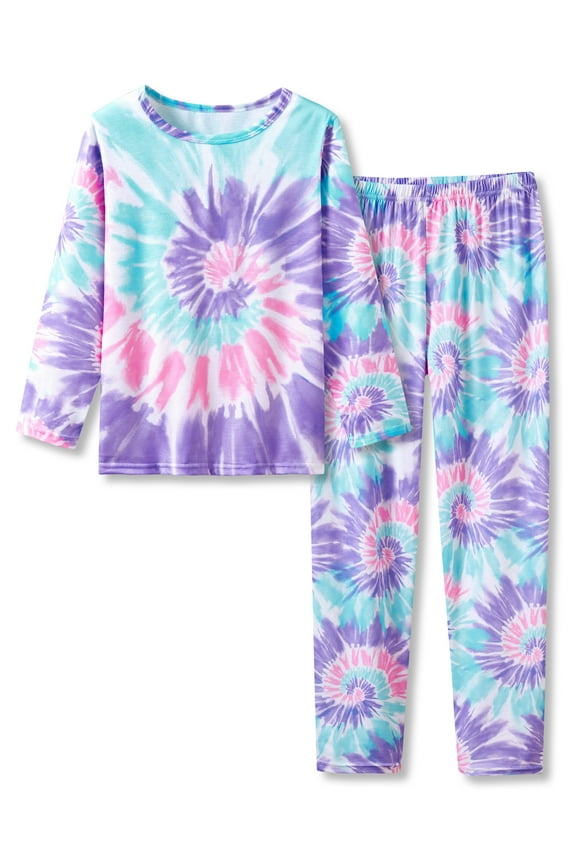 Little & Big Girls Tie Dye Pink Purple Blue Swirl Pajamas Long Sleeves & Pants 2-Piece Clothes Set Cute Pink Pjs Size 12