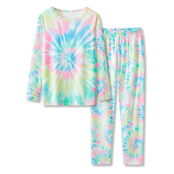 Little & Big Girls Tie Dye Rainbow Swirl Pajamas Long Sleeves & Pants 2-Piece Clothes Set Cute Jammies Size 10