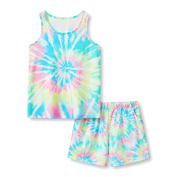 Little & Big Girls Tie Dye Rainbow Swirl Pajamas Tank Top & Shorts 2-Piece Sleepwear Set Cute Pjs Size 8