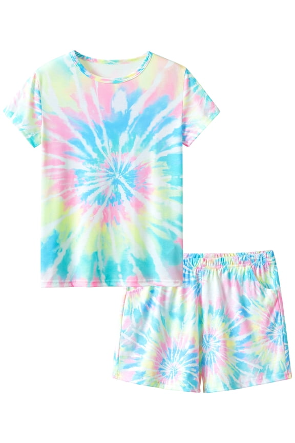 Little & Big Girls Tie Dye Rainbow Swirl Pajamas Tee & Shorts 2-Piece Sleepwear Set Cute Jammies Size 14