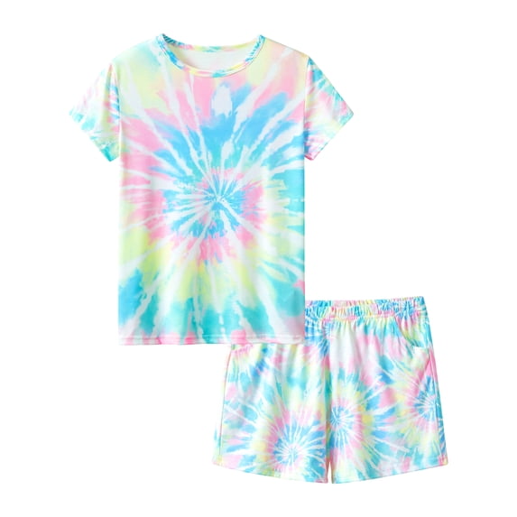 Topgal Little & Big Girls Tie Dye Rainbow Swirl Pajamas Tee & Shorts 2-Piece Sleepwear Set Cute Jammies Size 8