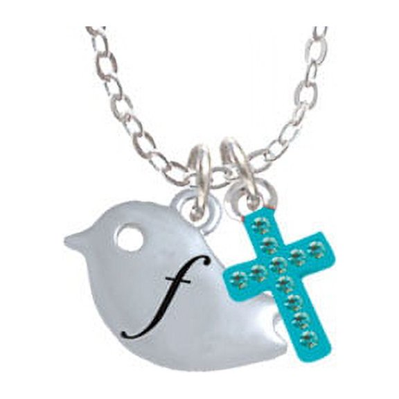 Little Bird Initial - F -  - Teal Crystal Cross Sophia Necklace, 18"+1"