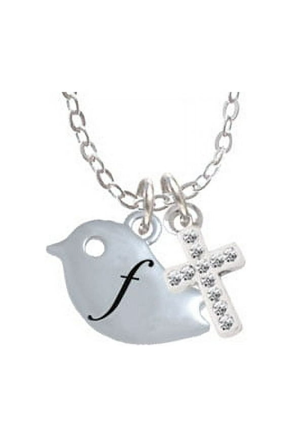Little Bird Initial - F -  - White Crystal Cross Sophia Necklace, 18"+1"