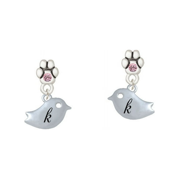 Little Bird Initial - K - Light Pink Crystal Paw Earrings