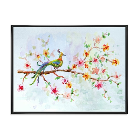 Little Bird Sitting On Blooming Branch 20 in x 12 in Framed Painting Canvas Art Print, by Designart