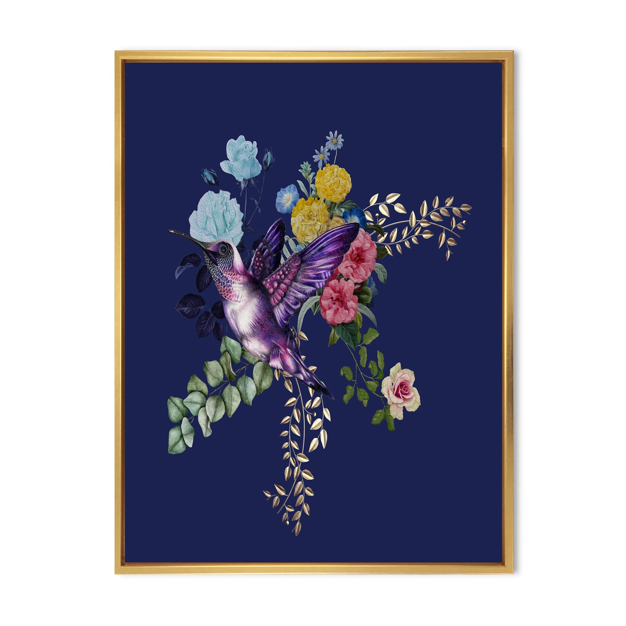Little Bird Sitting On Colourful Bouquet Of Wildflowers I 24 in x 32 in Framed Painting Canvas Art Print, by Designart