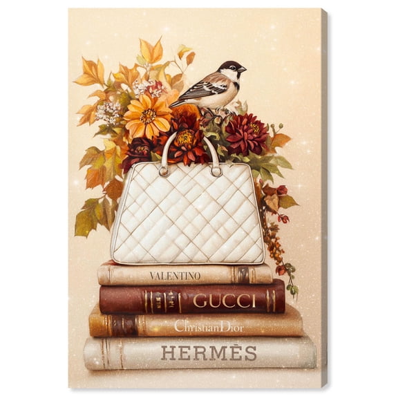 Little Bird with Fall Flowers Glam Canvas Fashion Art Print by Art Remedy, Gallery Wrapped, 36 x 54
