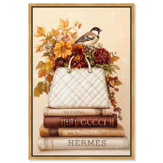 Little Bird with Fall Flowers Glam Canvas Fashion Art Print by Art Remedy, Gold Frame, 36 x 54