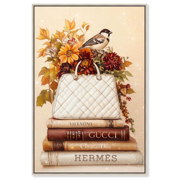 Little Bird with Fall Flowers Glam Canvas Fashion Art Print by Art Remedy, Silver Frame, 10 x 15