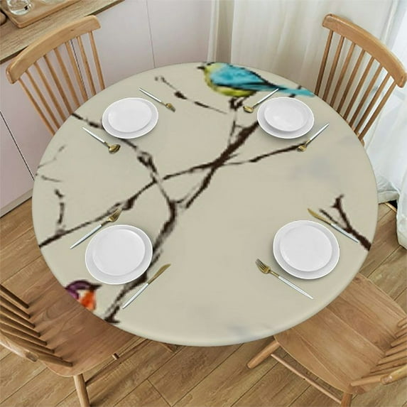 Little Birds Round Tablecloths Bird on Branches Tablecloths for Circular Tables Round Fitted Polyester Tablecover with Elastic