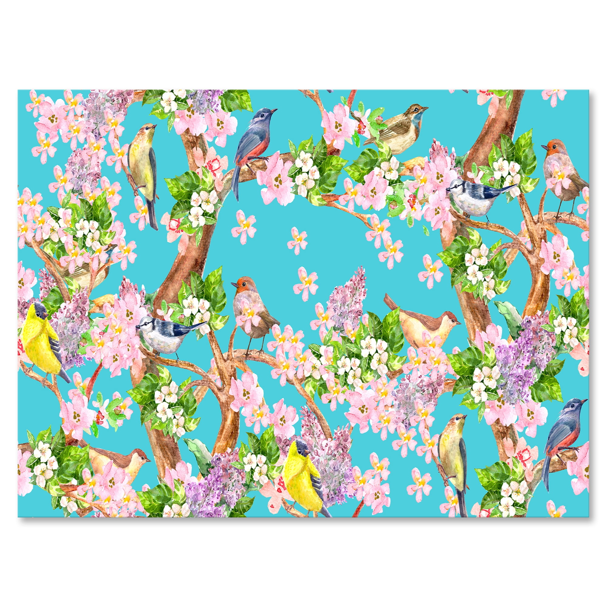 Little Birds Sitting On Spring Flow Tree 12 in x 8 in Painting Canvas Art Print, by Designart