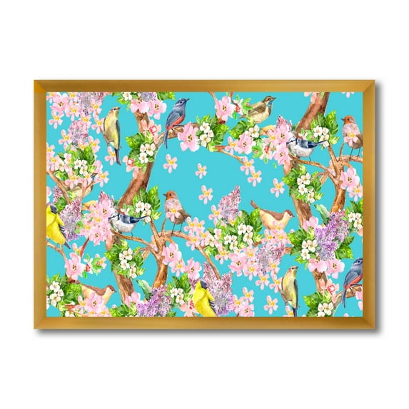 Little Birds Sitting On Spring Flow Tree 32 in x 16 in Framed Painting Canvas Art Print, by Designart
