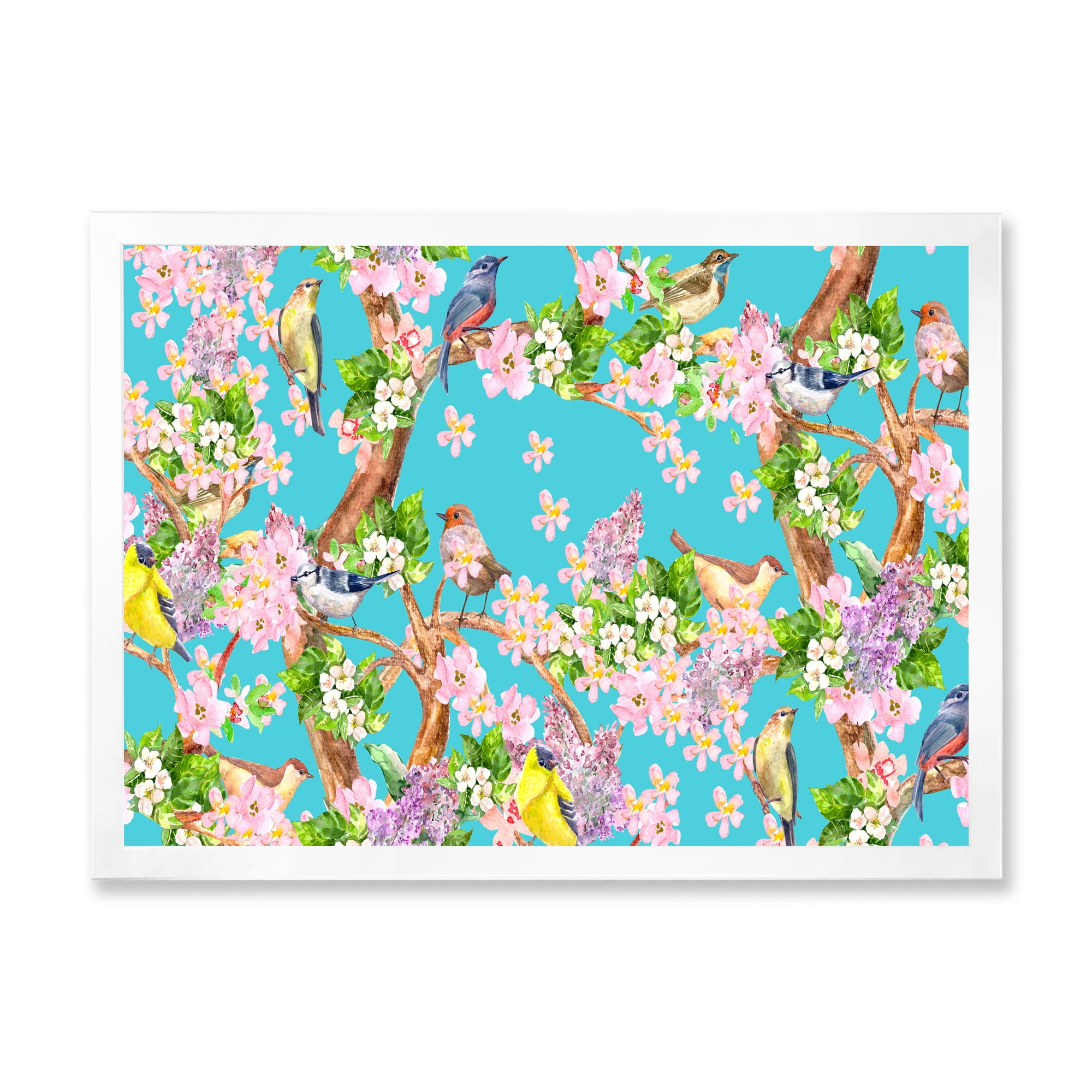 Little Birds Sitting On Spring Flow Tree 40 in x 30 in Framed Painting Canvas Art Print, by Designart