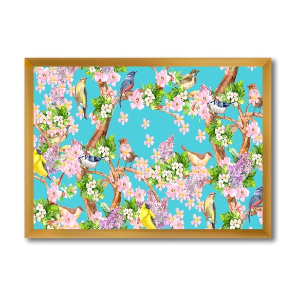 Little Birds Sitting On Spring Flow Tree 40 in x 30 in Framed Painting Canvas Art Print, by Designart