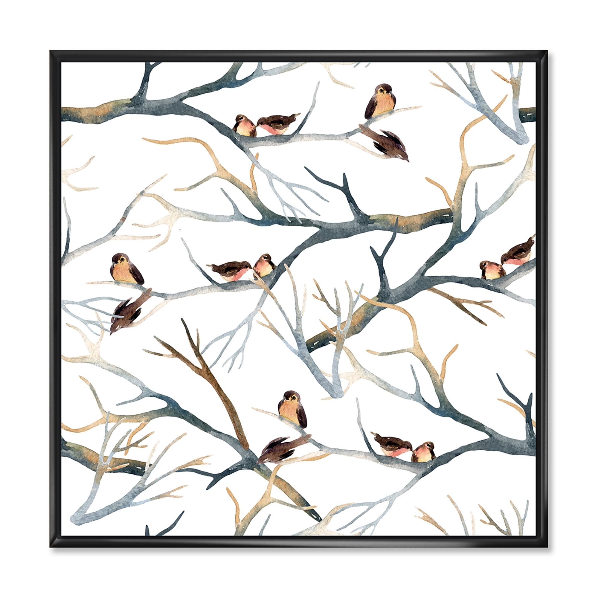 Little Birds Sitting On The Tree Branches I 16 in x 16 in Framed Painting Canvas Art Print, by Designart