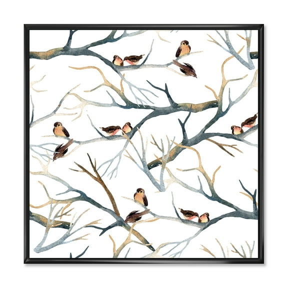 Little Birds Sitting On The Tree Branches I 16 in x 16 in Framed Painting Canvas Art Print, by Designart