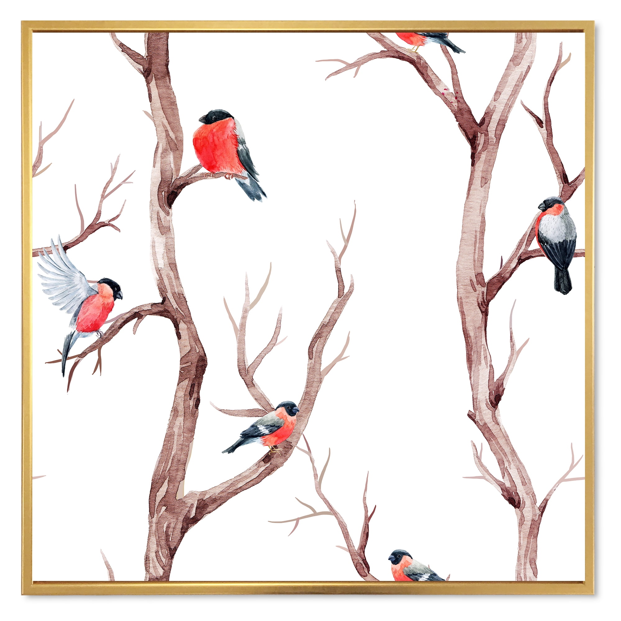Little Birds Sitting On The Tree Branches III 16 in x 16 in Framed Painting Canvas Art Print, by Designart