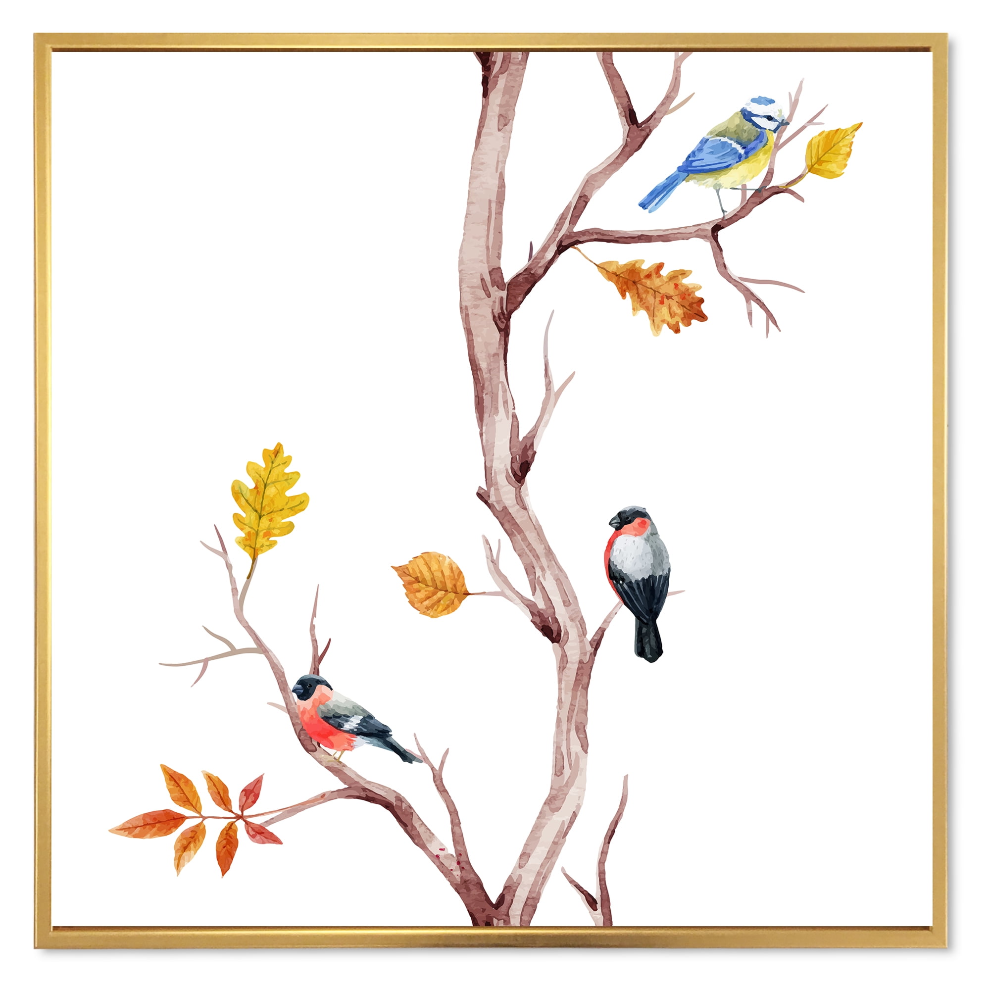 Little Birds Sitting On The Tree Branches IV 30 in x 30 in Framed Painting Canvas Art Print, by Designart