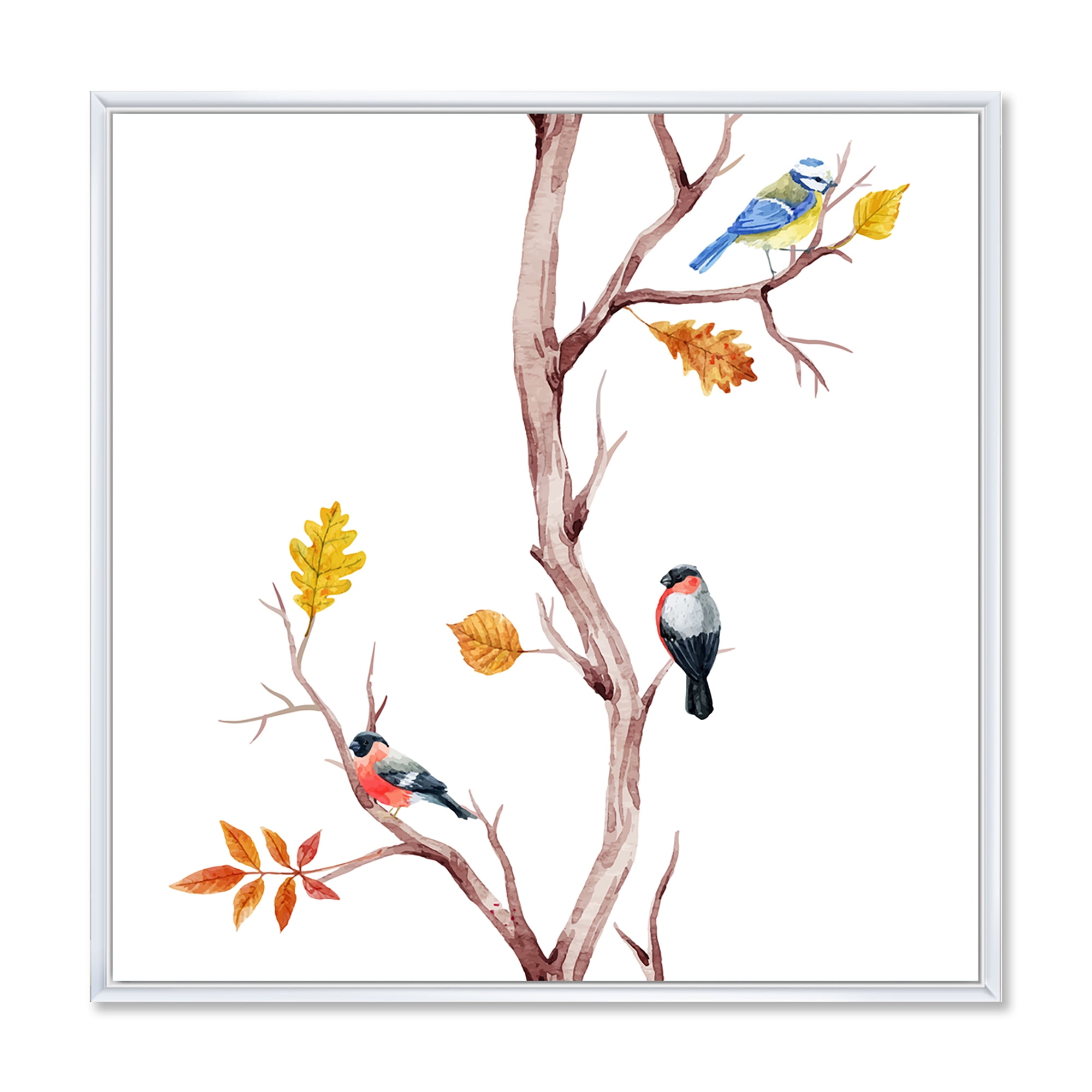Little Birds Sitting On The Tree Branches IV 30 in x 30 in Framed Painting Canvas Art Print, by Designart