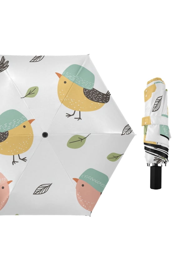 Little Birds with Hats Leaves All Weather Umbrella Triple Folding Parasol 6 Ribs UV Protection Portable