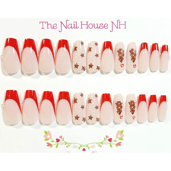 Little Bit Of Gingerbread French Manicure Medium Coffin Press On Nails - 24 Pieces - Artificial Nails - Christmas Nails
