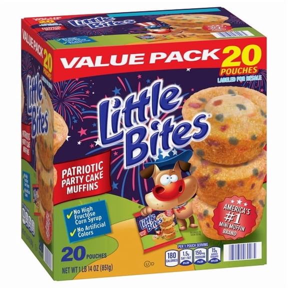 Little Bites Party Cake Mini Muffins, 20 Pouches Patriotic Party Cake Muffins, Bite Size Snacks, Value Pack