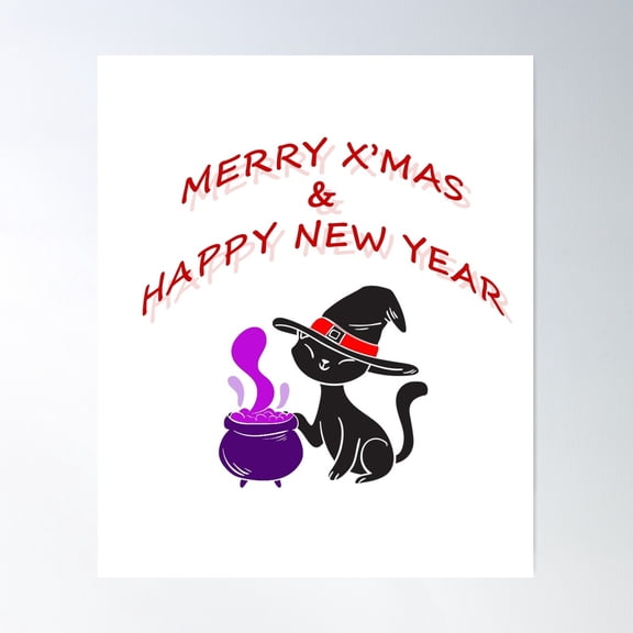 Little Black Cat Witch With Merry X-Mas And Happy New Year Poster Wall Art, Modern Wall Decor For Living Room Bedroom, 24x36 UNFRAMED