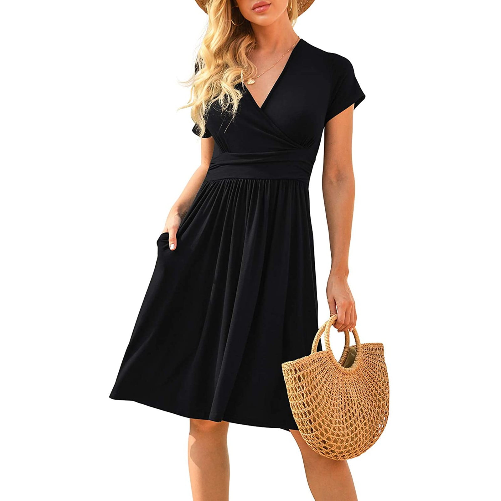 Little Black Dress for Women Home Casual Solid Slim Comfy V-Neck Short ...