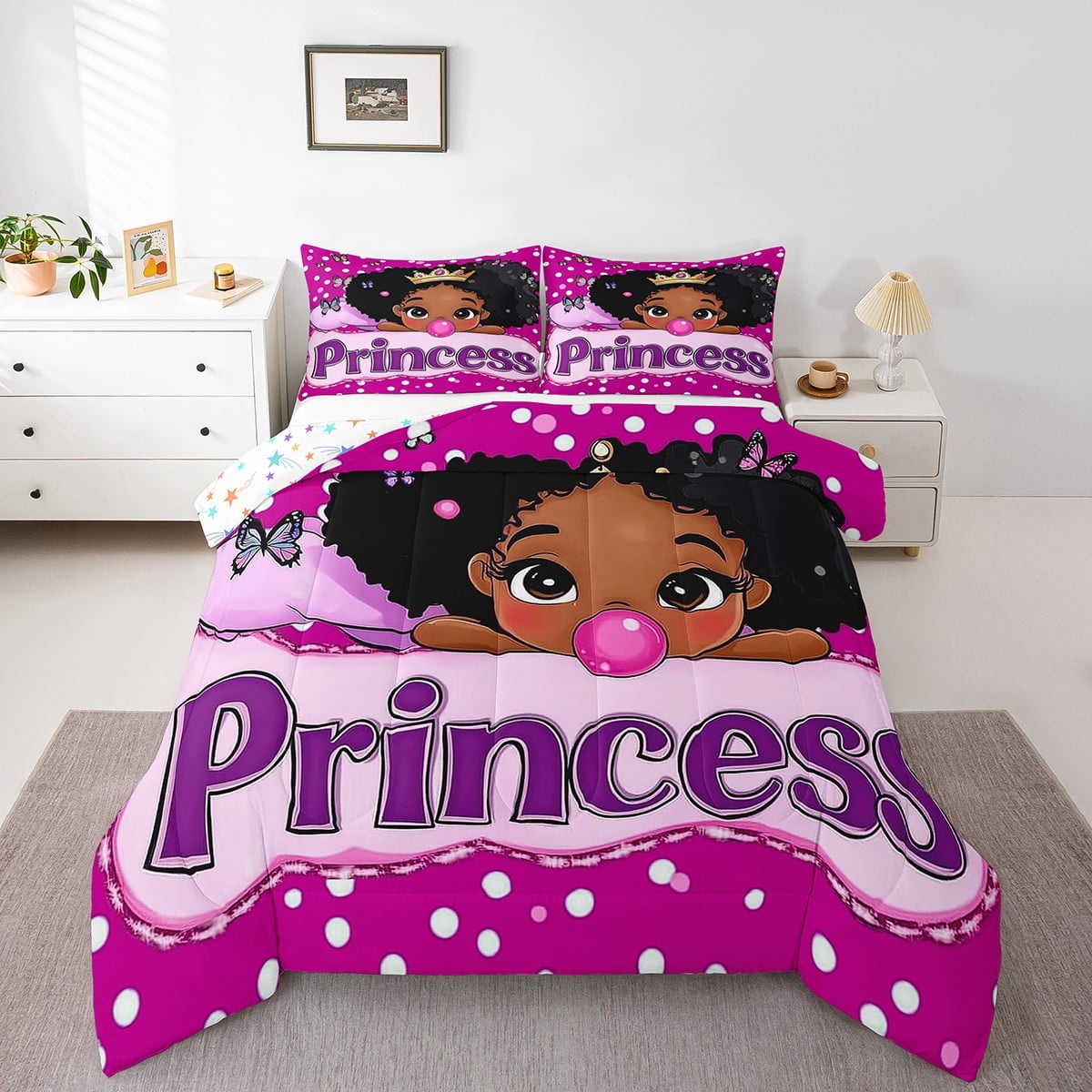 Girls Ballet Princess Comforter Set Twin - Pink Blue Stripe, Moon & Stars, With 1 Pillowcase