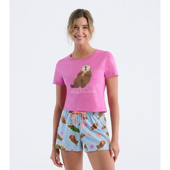 Little Blue House Women's Short Sleeve Pajama Tee, Happy Otters