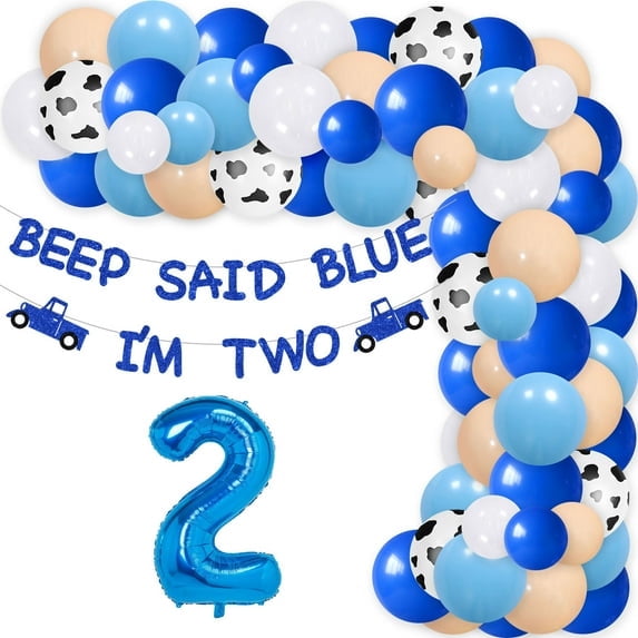Little Blue Truck 2nd Birthday Party Decoration, Little Blue Truck Birthday Party Supplies with Beep Said Blue I'm Two Glitter Banner and Blue White Latex Balloon Arch for Boy Girl 2nd Birthday Party