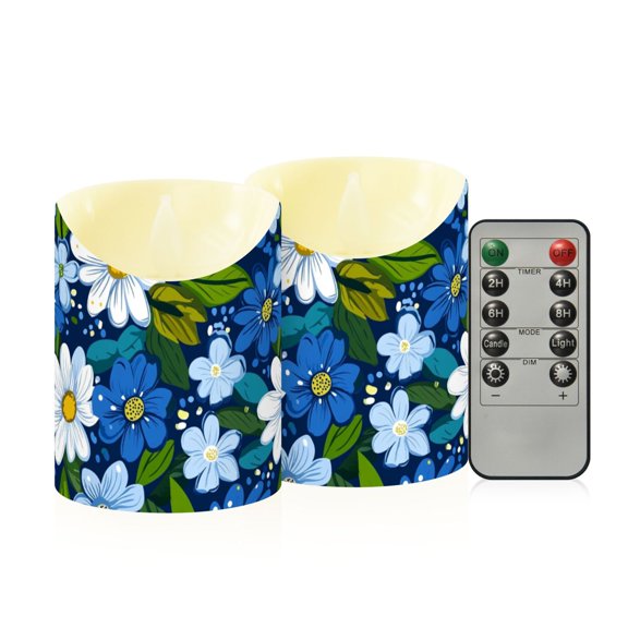 Little Blues Flower Three Flameless Candles 2 PCS with Remote Realistic Moving Flame LED Tapered Pillar Set for Home Decor