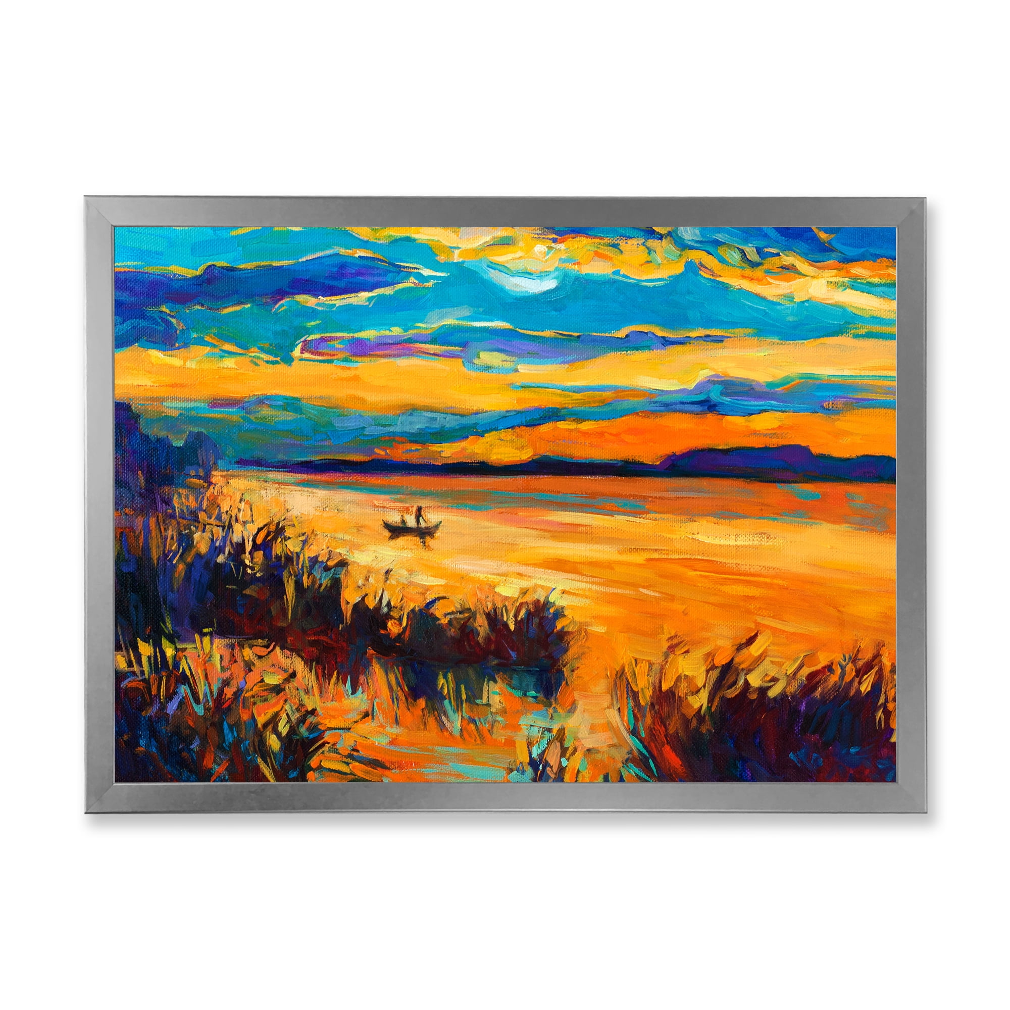 Little Boat At The Horizon Of A Lake During Evening Glow 32 in x 16 in Framed Painting Canvas Art Print, by Designart