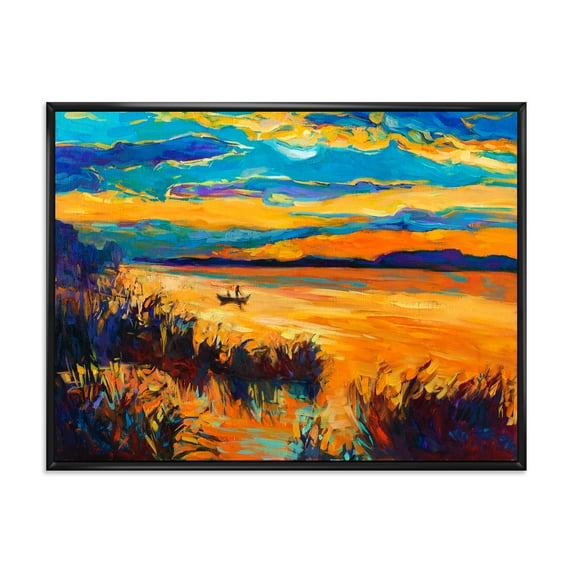 Little Boat At The Horizon Of A Lake During Evening Glow 32 in x 16 in Framed Painting Canvas Art Print, by Designart