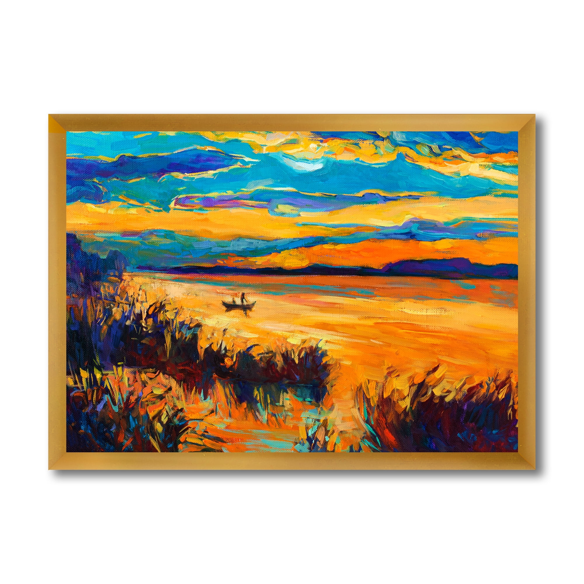 Little Boat At The Horizon Of A Lake During Evening Glow 40 in x 30 in Framed Painting Canvas Art Print, by Designart