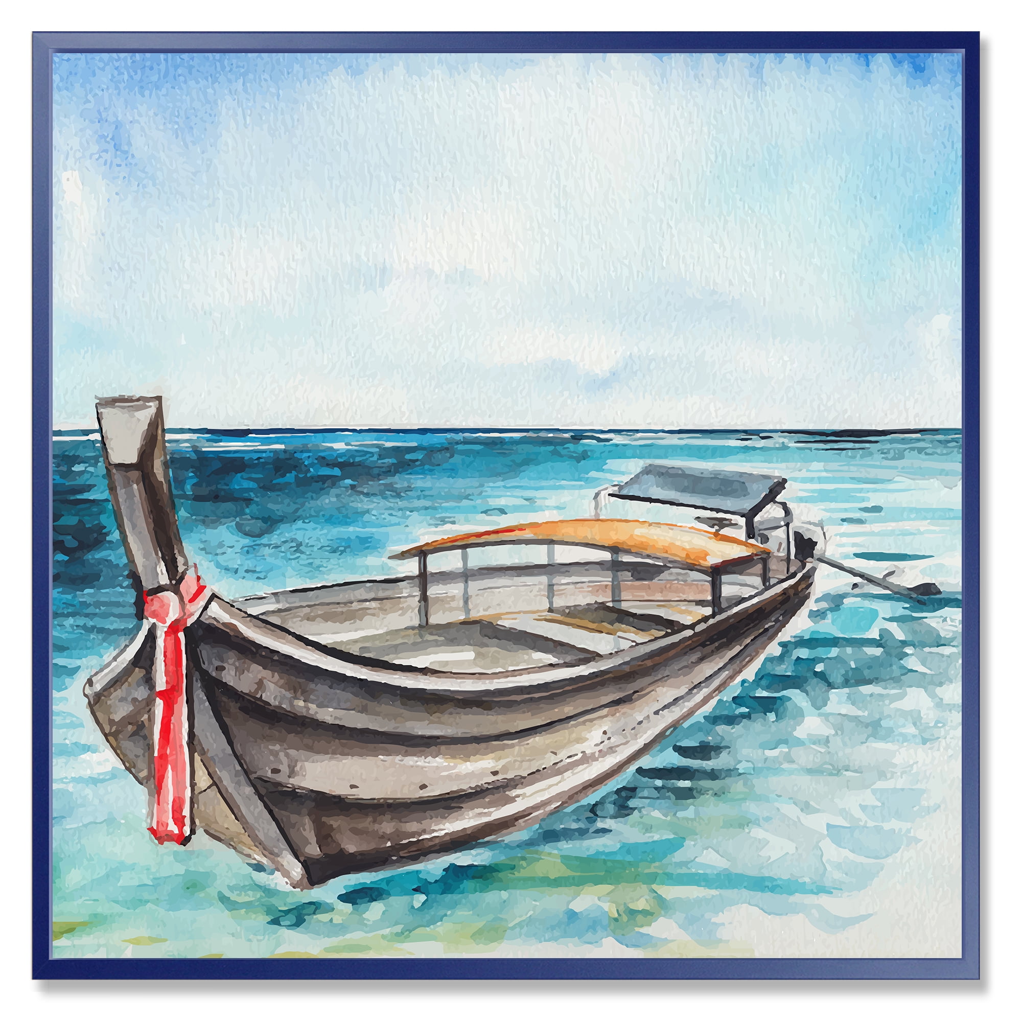 Little Boat At The Lake Shore 16 in x 16 in Framed Painting Canvas Art Print, by Designart