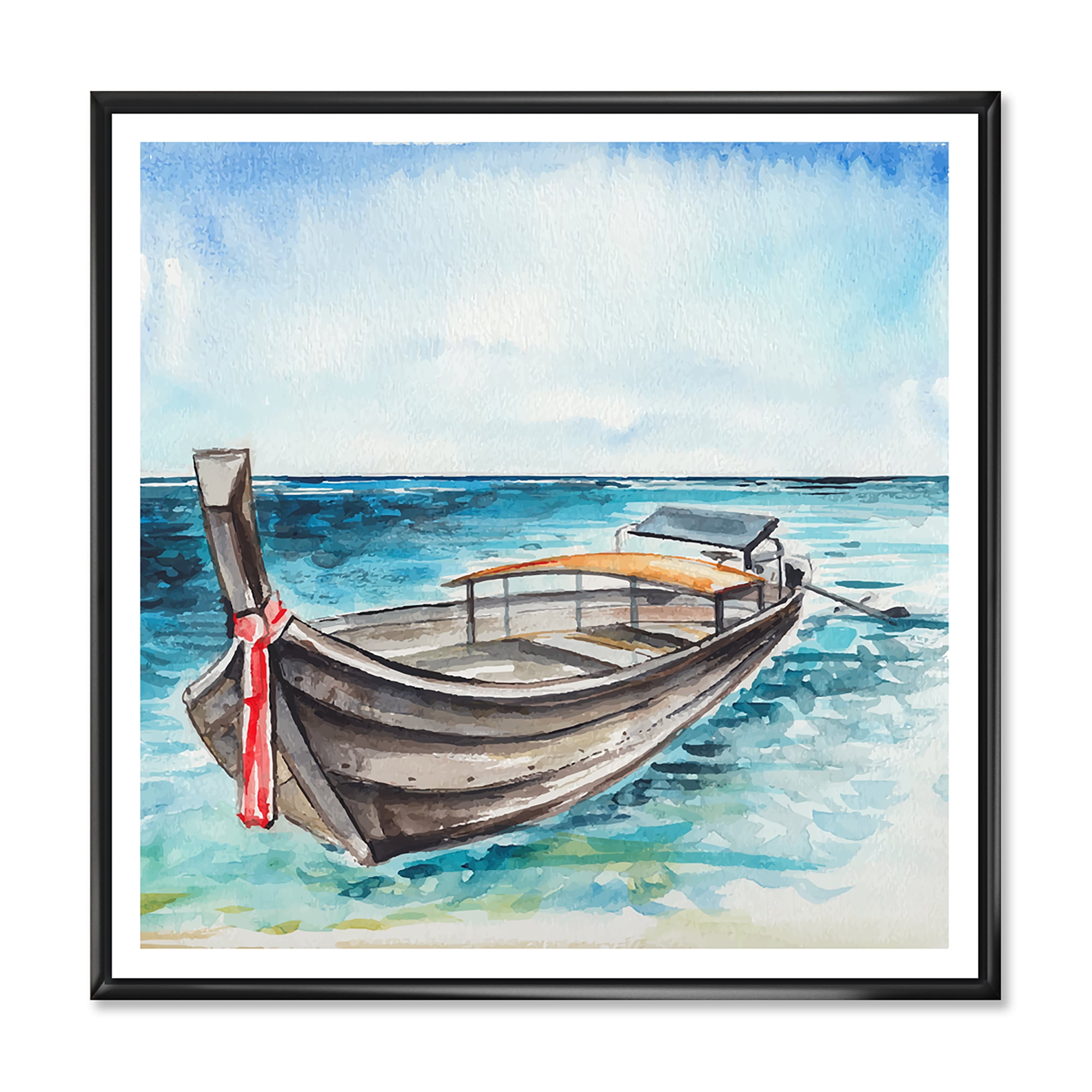 Little Boat At The Lake Shore 16 in x 16 in Framed Painting Canvas Art Print, by Designart