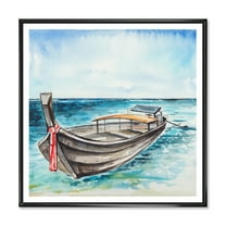 Little Boat At The Lake Shore 16 in x 16 in Framed Painting Canvas Art Print, by Designart