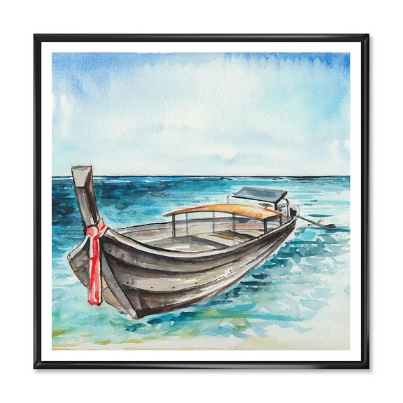 Little Boat At The Lake Shore 16 in x 16 in Framed Painting Canvas Art Print, by Designart