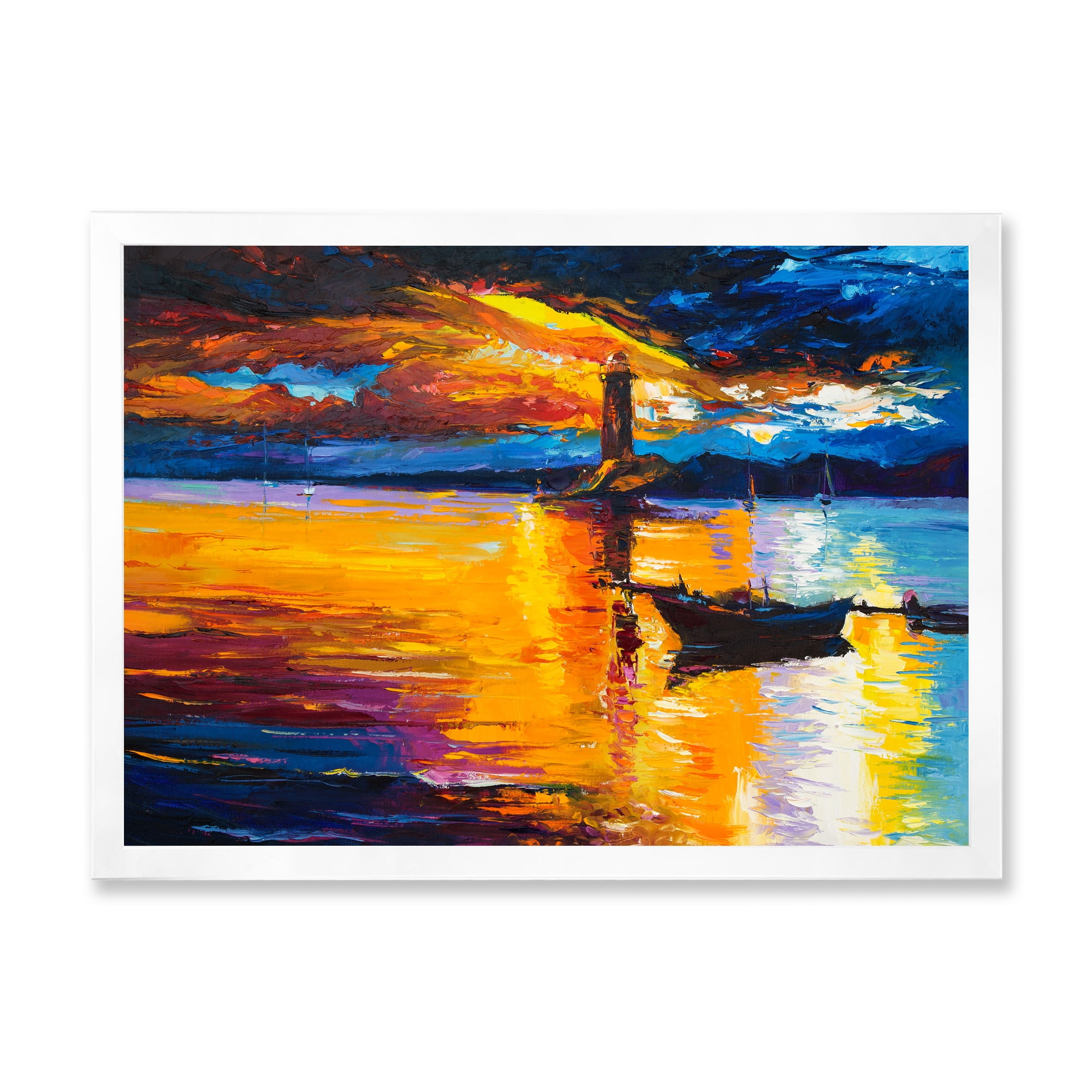 Little Boat By Lighthouse During Evening Glow 32 in x 24 in Framed Painting Canvas Art Print, by Designart