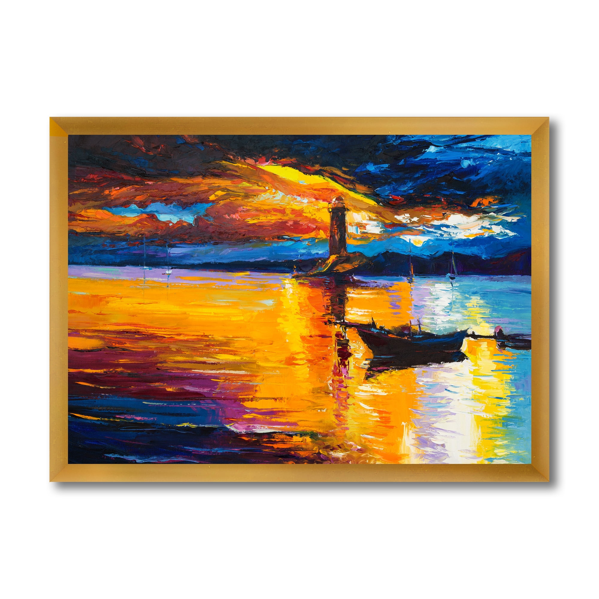 Little Boat By Lighthouse During Evening Glow 40 in x 30 in Framed Painting Canvas Art Print, by Designart