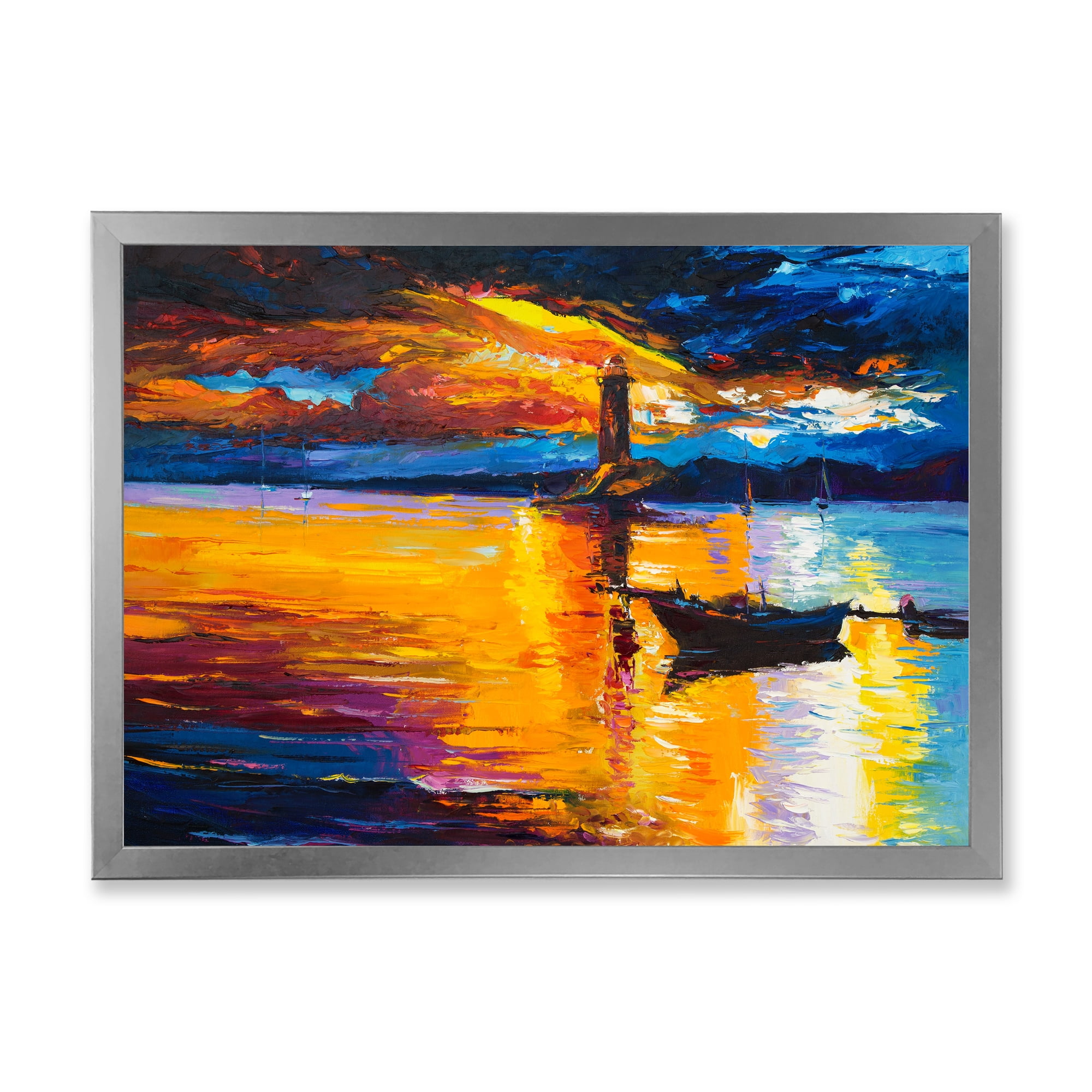 Little Boat By Lighthouse During Evening Glow 40 in x 30 in Framed Painting Canvas Art Print, by Designart