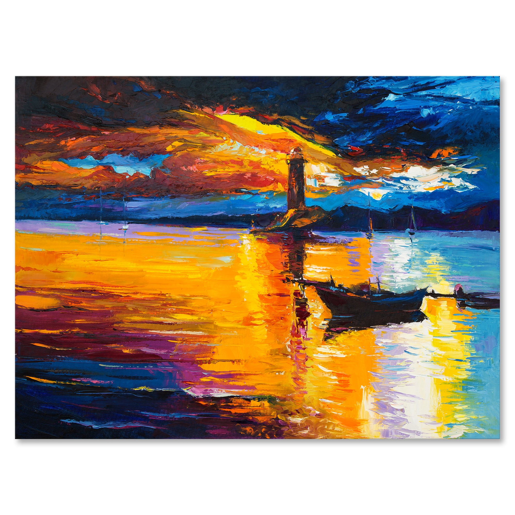Little Boat By Lighthouse During Evening Glow 8 in x 12 in Painting Canvas Art Print, by Designart