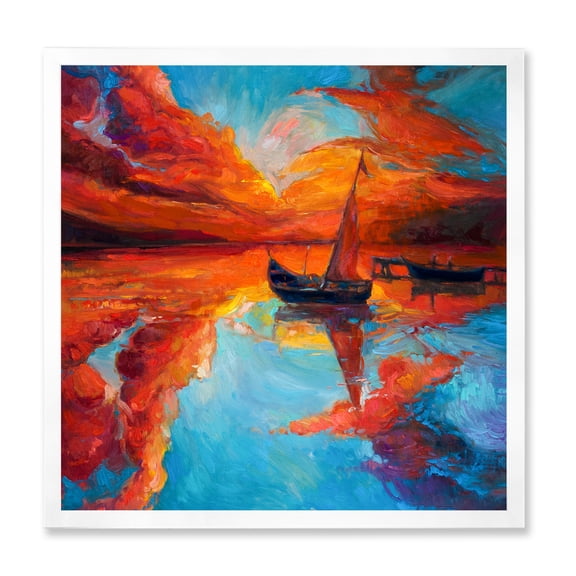 Little Boat During Warm Deep Red Evening Glow 16 in x 16 in Framed Painting Canvas Art Print, by Designart