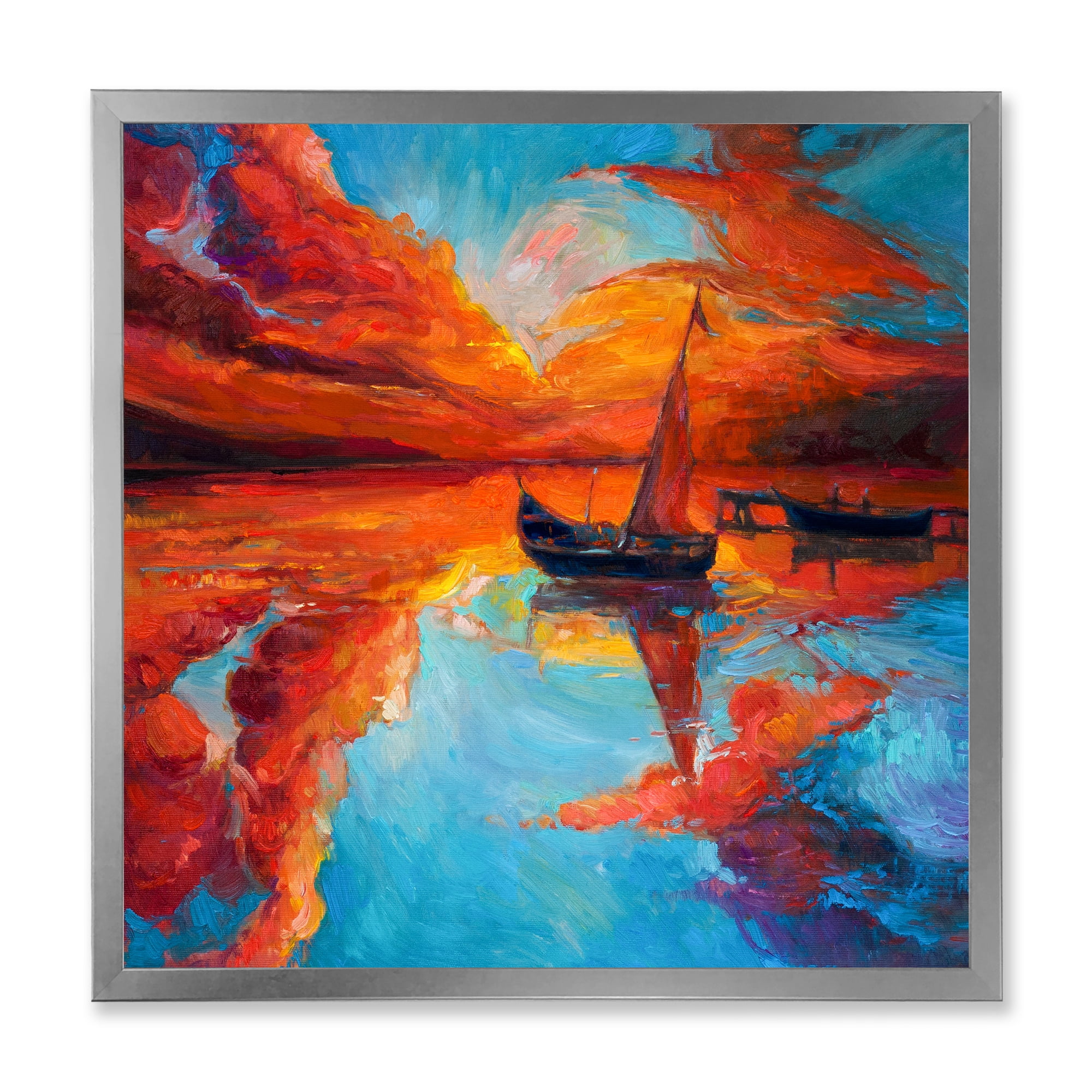 Little Boat During Warm Deep Red Evening Glow 30 in x 30 in Framed Painting Canvas Art Print, by Designart
