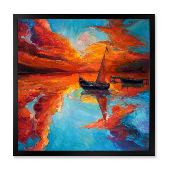 Little Boat During Warm Deep Red Evening Glow 30 in x 30 in Framed Painting Canvas Art Print, by Designart