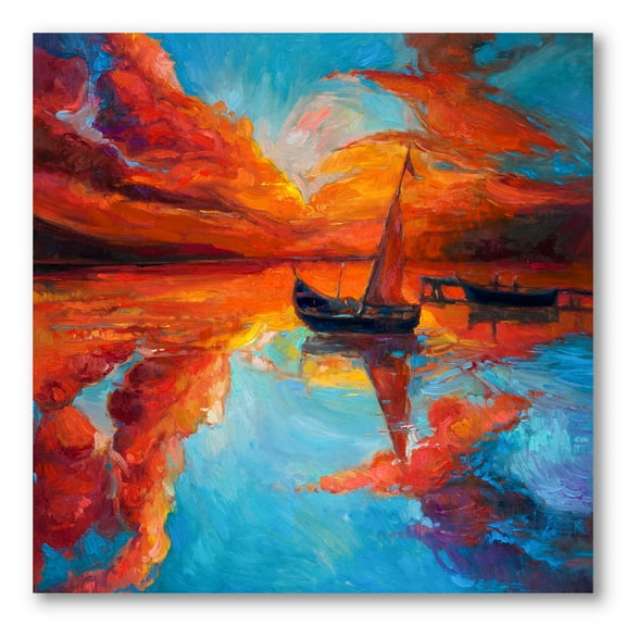 Little Boat During Warm Deep Red Evening Glow 30 in x 30 in Painting Canvas Art Print, by Designart