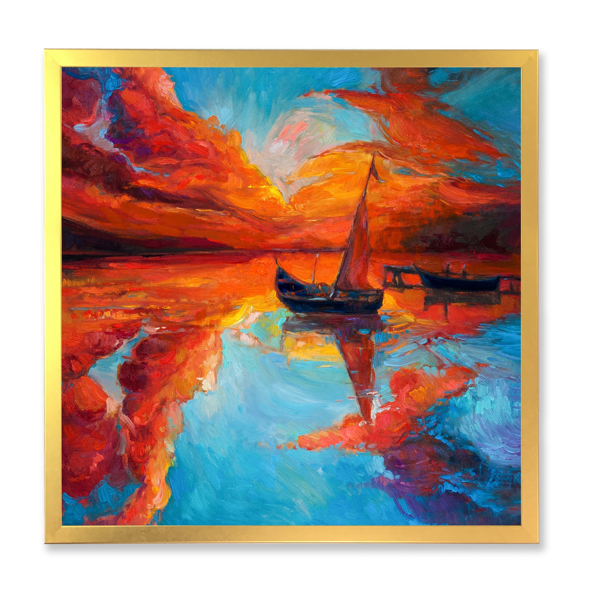 Little Boat During Warm Deep Red Evening Glow 36 in x 36 in Framed Painting Canvas Art Print, by Designart