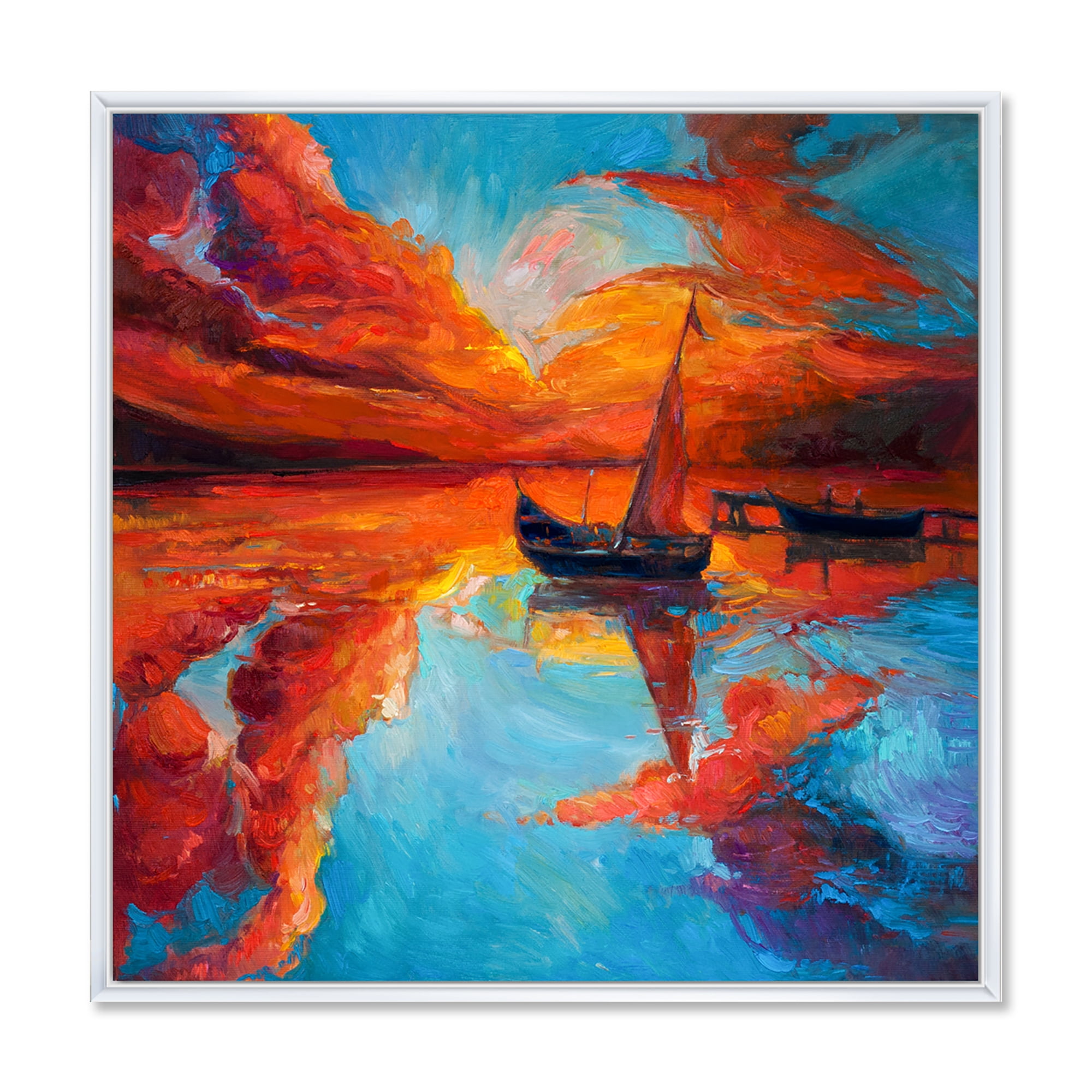 Little Boat During Warm Deep Red Evening Glow 36 in x 36 in Framed Painting Canvas Art Print, by Designart